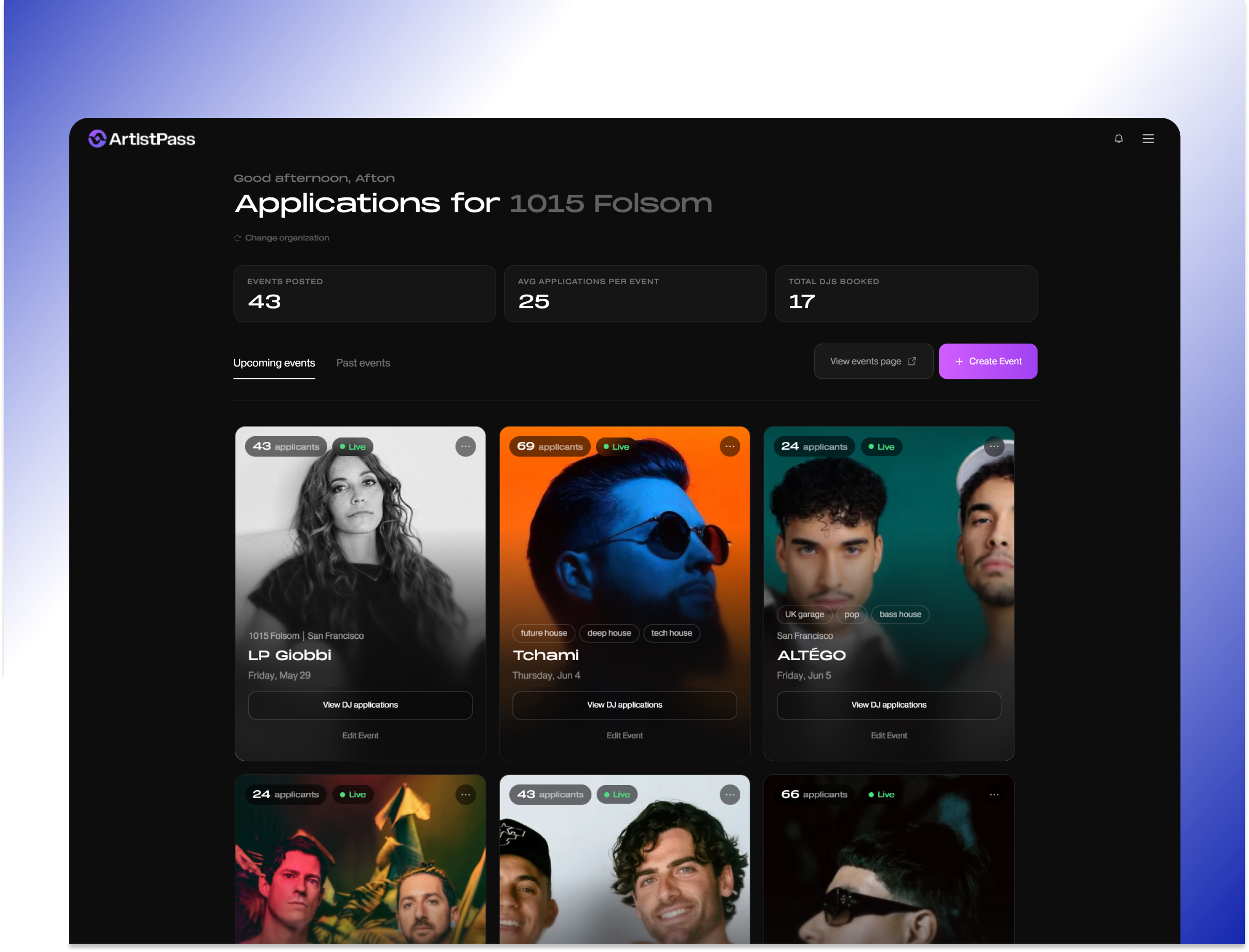 ArtistPass organizer dashboard — Applications for 1015 Folsom