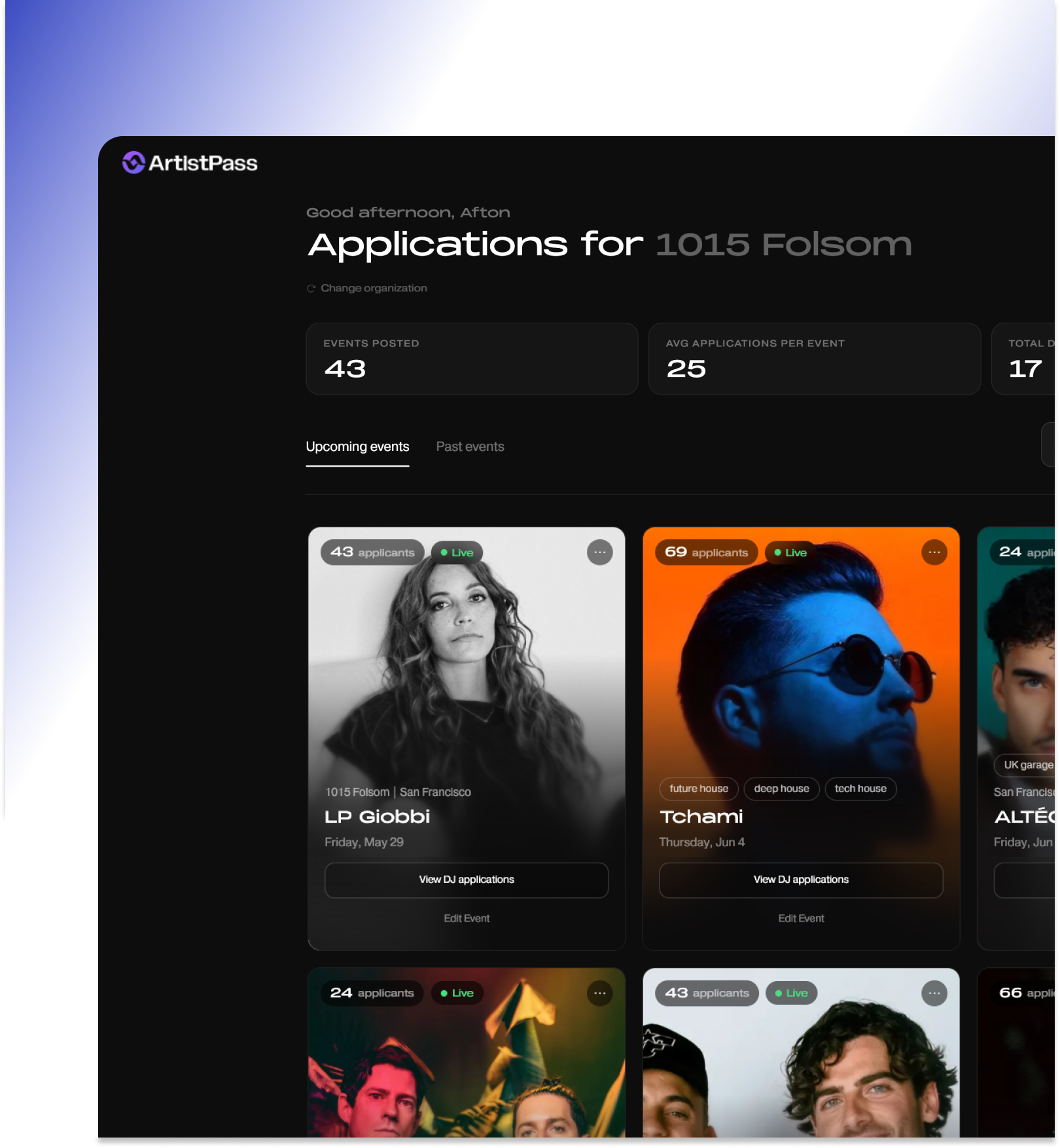 ArtistPass organizer dashboard — Applications for 1015 Folsom