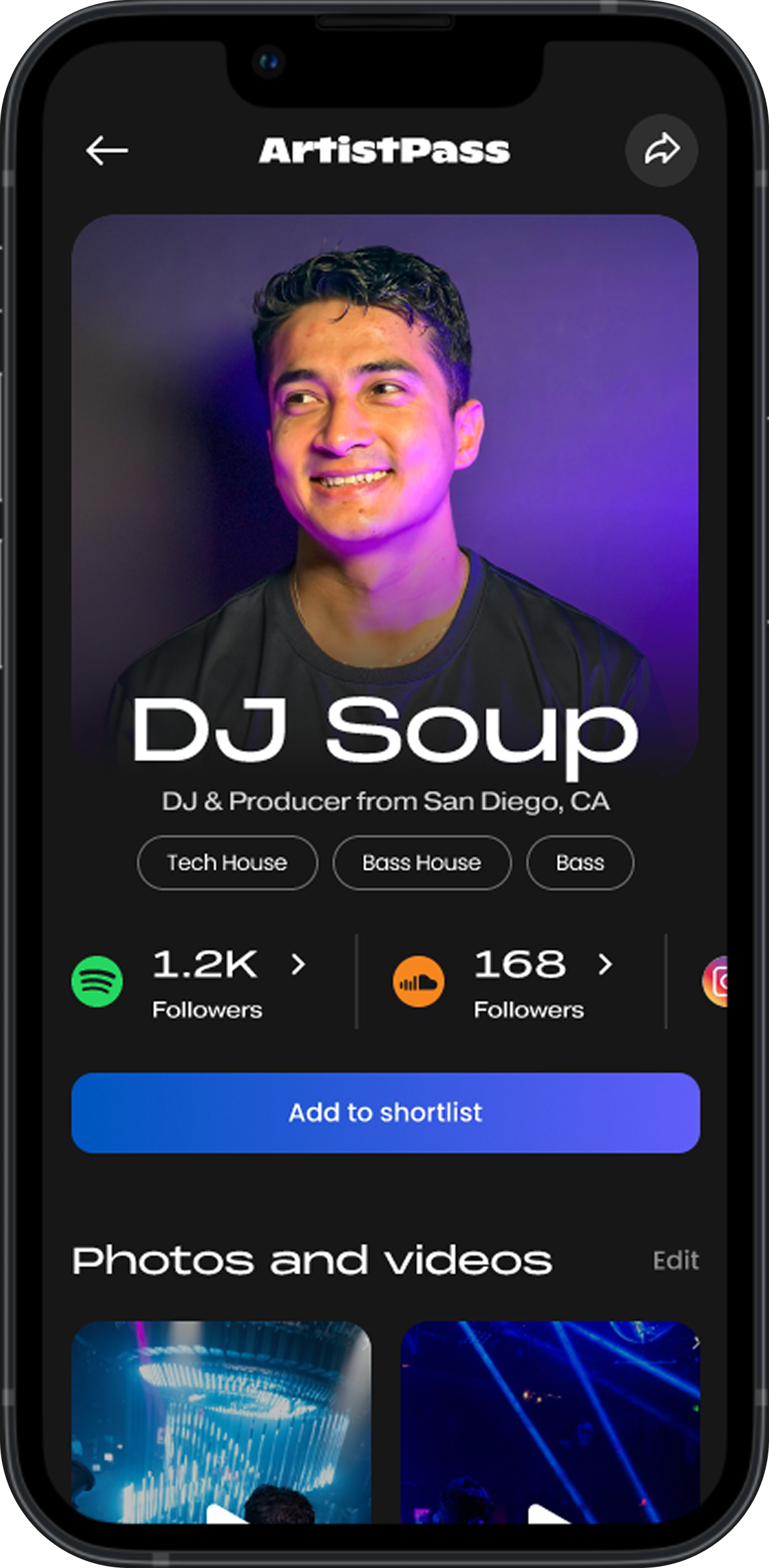 ArtistPass mobile app showing DJ profile with social followers and photos